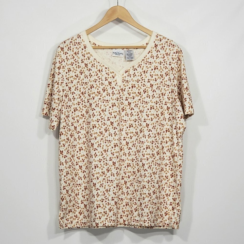 Bobbie Brooks Cream & Burgundy Floral Short Sleeve Blouse Women's 14/16